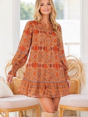 JAASE Australia Boho Orange Print Mini Dress | Size M Oversized Fit Puff Sleeve